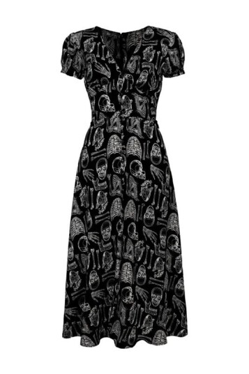 Hell Bunny   Rockabilly Lang kjole   Anatomy Dress   XS til S   Damer   svart hvit