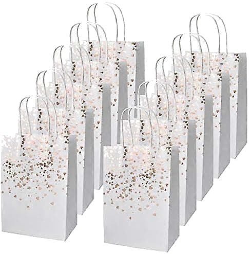 12-pakning gaveposer i kraftpapir, papirposer med håndtak, bronsefarget kraftpose med gullhjerte dekorasjon, gavepapirposer (hvit)[D]