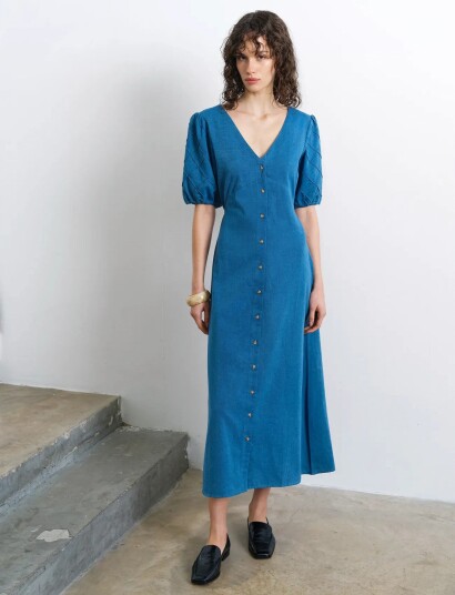 French Connection Zaves Chambray Puffslv Midi Dr Blue 42