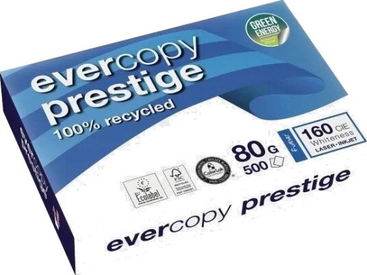 Genbrugspapir Evercopy Prestige Recycled A4 Hvid 80G 5 Pakker X 500 Ark