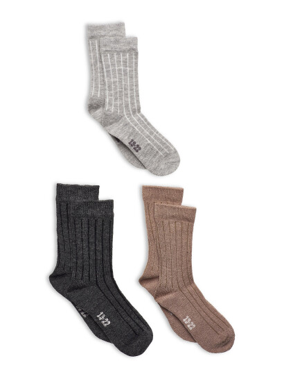 Minymo Wool Socks Rib 3-Pack Grey 15-18