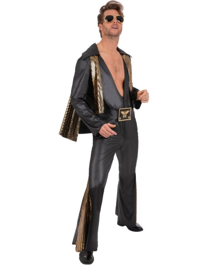 Smiffys Lisensiert Svart og Gullfarget Elvis Jumpsuit Herrekostyme X Large