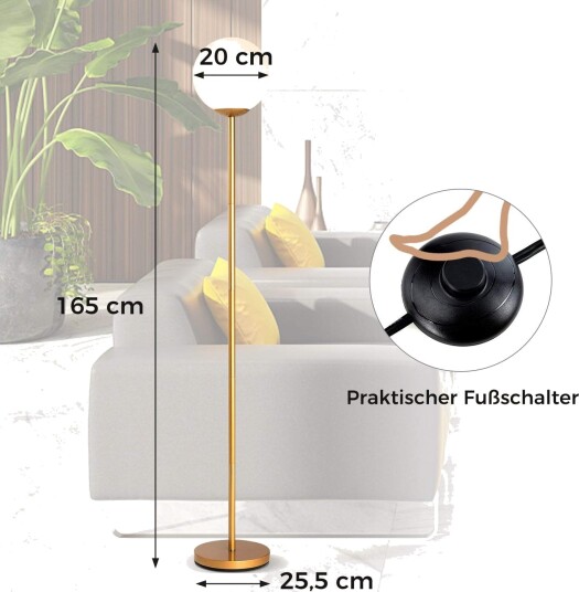 Moderne gulvlampe – glassskjerm gullfinish 165 cm høy