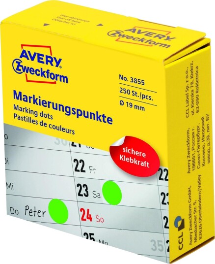 AVERY Markierungspunkt ZWE 3855 19mm gn 250ST