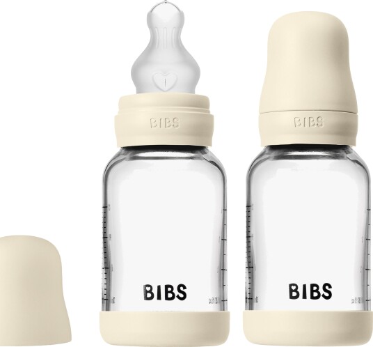 BIBS 120 ml Glass Tåteflaske 2-Pakk med Silikon og Antikolikksystem - Ivory