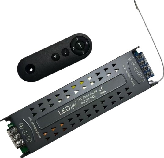 400W / 24V DC dimbar strømforsyning 16.6A IP20 innendørs med fjernkontroll 400W / 24V DC dimbar strømforsyning 16.6A IP20 innendørs med fjernkontroll