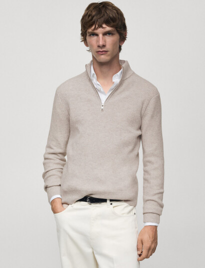 Mango Knitted Sweater With Perkins Neck - Beige - XXL