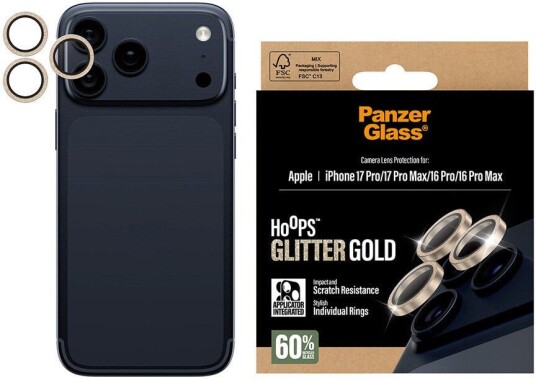 Panzerglass Hoops Linsebeskyttelse Glitter Gull for iPhone 17 Pro/Pro Max og 16 Pro/Pro Max