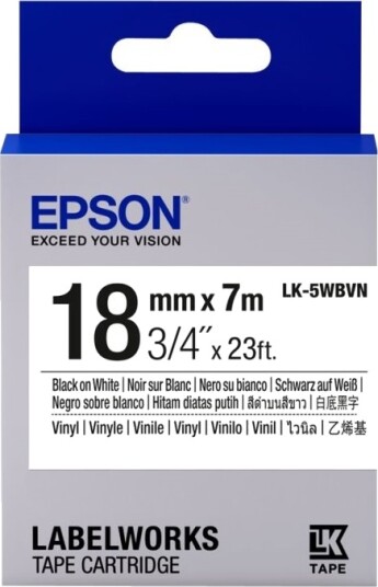 Epson Lk 5Wbvn   Vinyl   Svart På Hvitt   Rull 1,8 Cm X 7 M 1 KassettEr Merketape   For Labelworks Lw 1000 Lw 300 Lw 400 Lw 600 Lw 700 Lw K400 Lw Z700 Lw Z710 Lw Z900