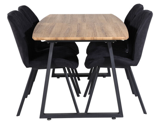 IncaNABL spisegruppe spisebord uttrekksbord lengde cm 160 / 200 el tre dekor og 4 Gemma spisestuestoler svart.