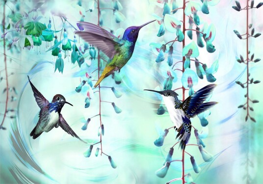 Fototapet Flying Hummingbirds Green 100x70 - Finnes i flere størrelser