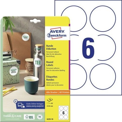 Avery 6229 10 Hvit Rund Permanent A4 Universal 8 Cm
