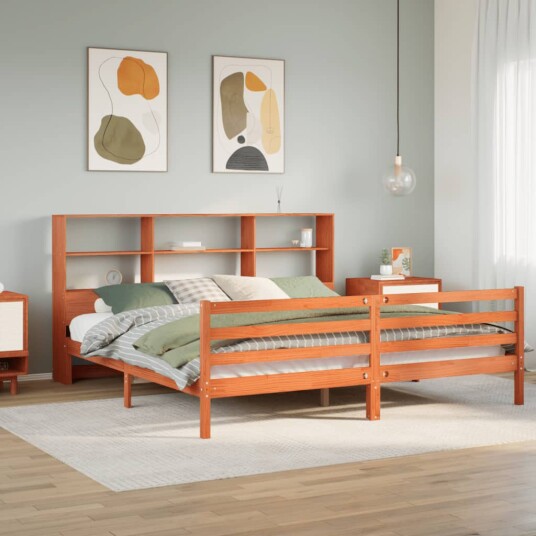  Seng med bokhylle uten madrass voksbrun 200x200 cm heltre 8721158607089