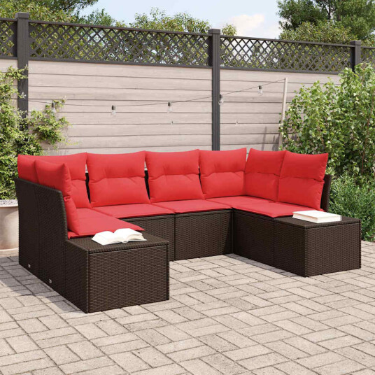 vidaXL Hagesofa Set 6 stk. 6-Antall seter Brun og rød Poly rattan