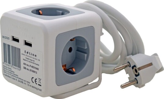 E-Line Cube Grenuttak 4 Uttak Schuko Og Usb Grå
