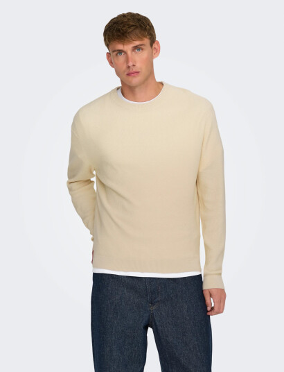 ONLY & SONS Onstony Ds 12 Ls Waffle Crew Knit Noos - Cream - S