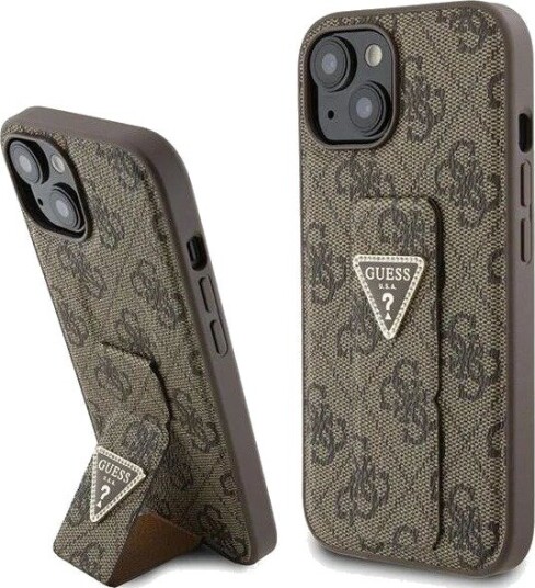 Guess Grip Stand 4G Triangle Strass Mobildeksel for iPhone 15 - Brun