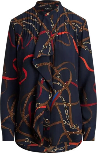 Lauren Ralph Lauren Print Ruffle-Trim Georgette Shirt - Navy - S