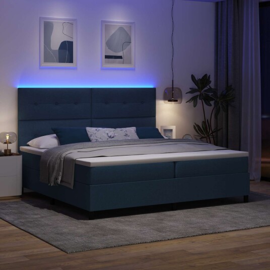 Box Spring Seng med Madrass & LED Blå 200x200 cm Stoff 3342899