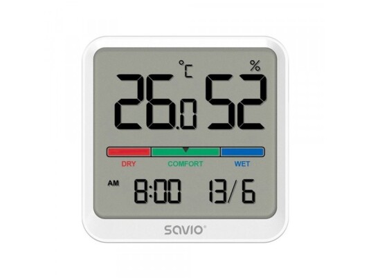 Savio Ct-01/W Temperatur- Og Fuktighetssensor, Lcd-Skjerm, For Innendørs Bruk, Klokke, Dato