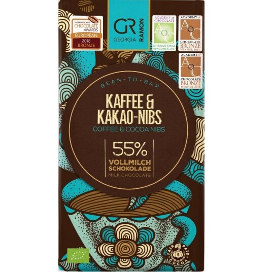 Georgia Ramon Milk Chocolate Coffee and Cocoa Nibs 55% Georgia Ramon Milk Chocolate Coffee and Cocoa Nibs 55%