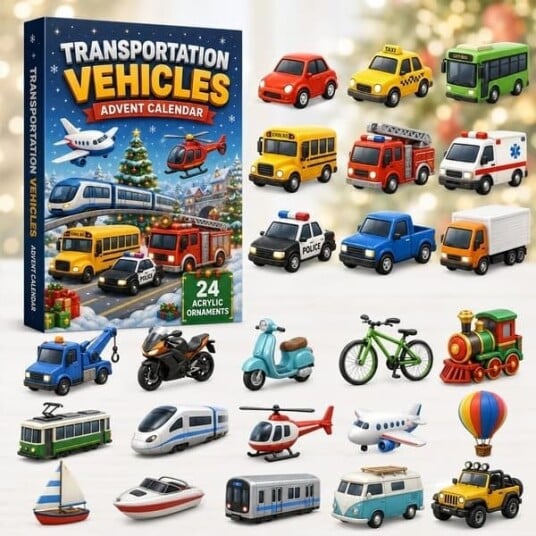 Adventskalender kompatibel med transportkjøretøy 2026 24 dagers hengende nedtellingsdekorasjoner i akryl morsom jul med kjøretøy tema