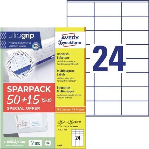 Universaletiketter Avery 70X36 Mm Hvid Med Ultragrip + 30% Ekstra Indhold   65 Ark X  24 Stk.