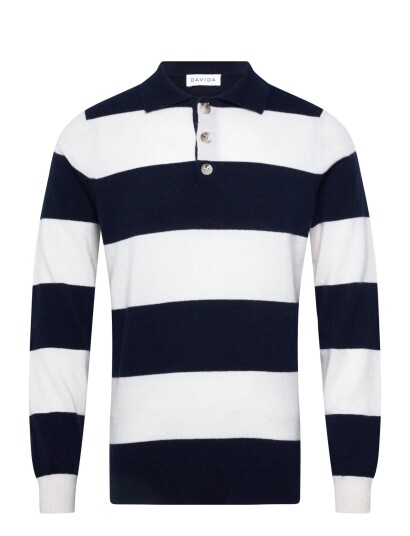 Davida Cashmere Man Collar Striped Navy L Davida Cashmere Man Collar Striped Navy L