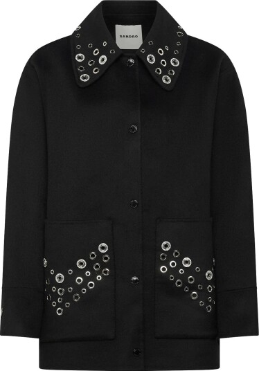 Sandro Wool Coat Embellished With Eyelets BLACK 40 Sandro Wool Coat Embellished With Eyelets BLACK 40
