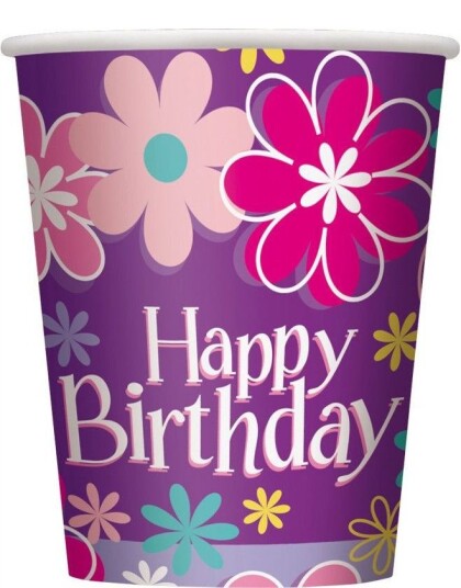 Unique 8 stk Pappkopper Blomstrende Happy Birthday 270 ml Birthday Blossoms 82212