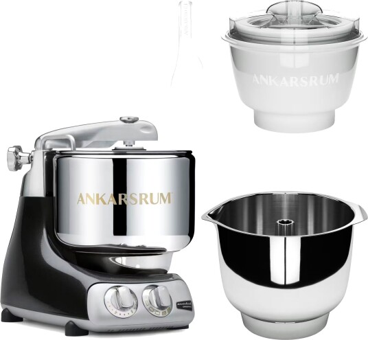 Ankarsrum Assistent Original AKM 6230 kjøkkenmaskin med iskremtilbehør og ekstra vispeskål black diamond