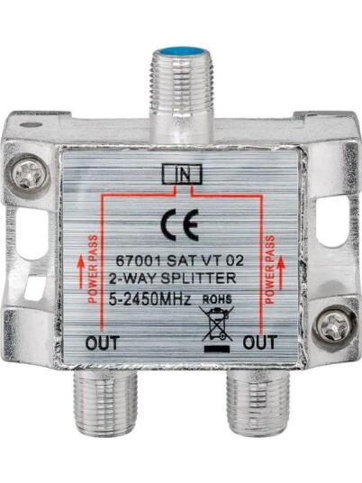 Pro 2-veis F-Splitter med DC-gjennomgang 100 dB Sølv