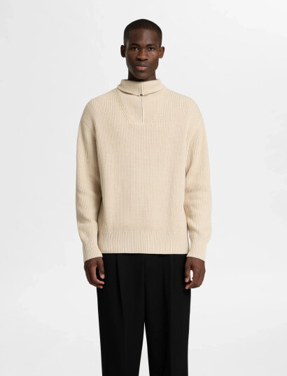 Selected Slhdry Ls Knit Relaxed Half Zip - Cream - XXL