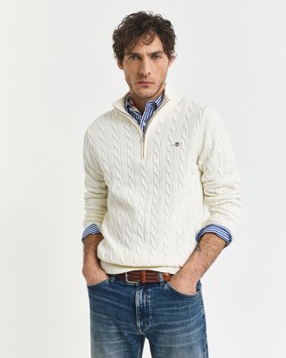 Gant Kabelstrikket genser med half zip CREAM 4XL