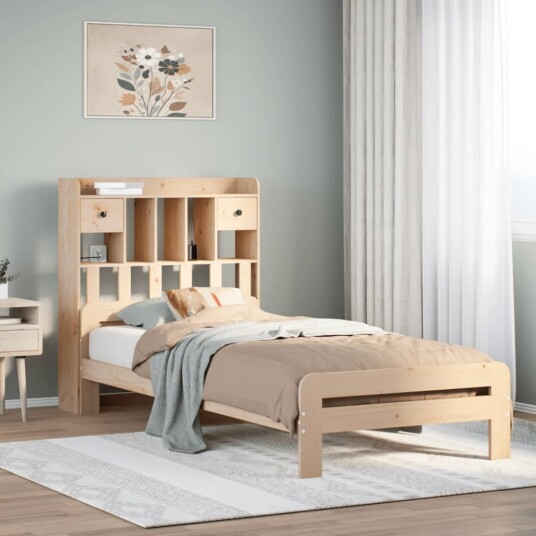 Seng med bokhylle uten madrass 75x190 cm heltre furu 8721158383457