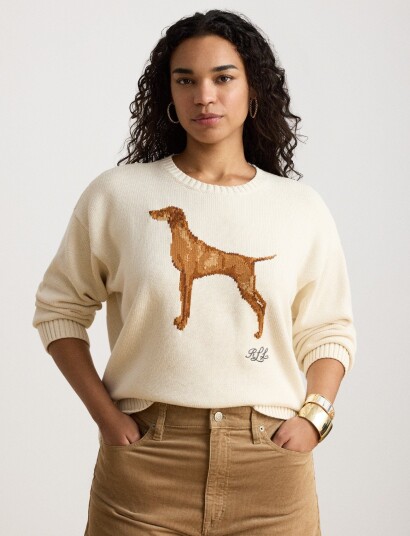 Lauren Ralph Lauren Intarsia Knit Vizsla Cotton Sweater Cream XXL
