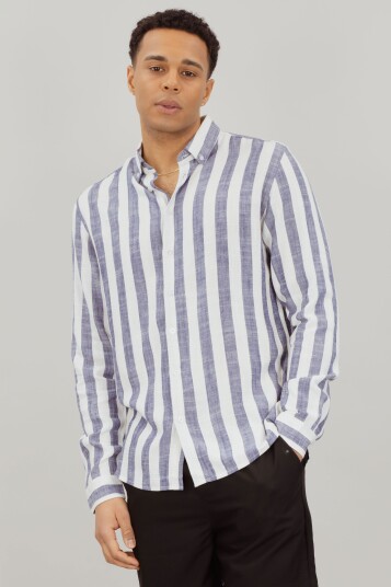 Folke LS Shirt Navy XL Striped linen LS shirt