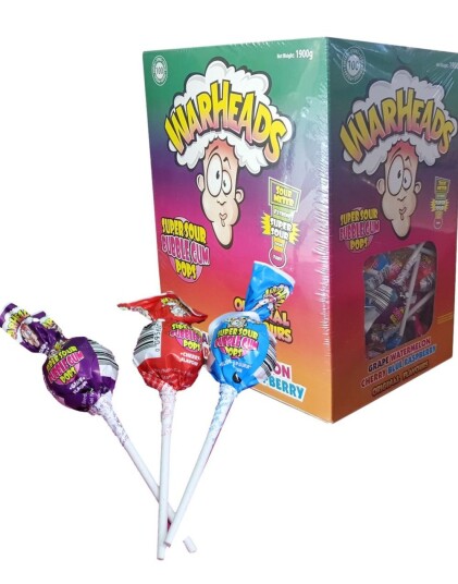 100 stk Warheads Super Sour Lollipops   Kjempesure Kjærligheter med Tyggegummikjerne 1,7 kg