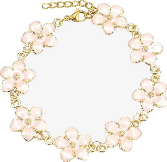 Timi of Sweden Adeline Pink Enamel Flower Chain Bracelet Gold GOLD One Size