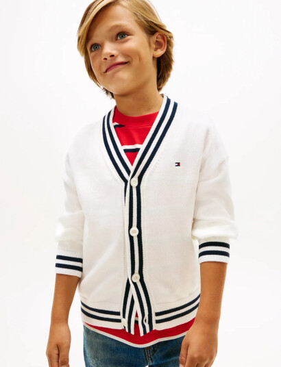Tommy Hilfiger Varsity Rib V Neck Cardigan White 152
