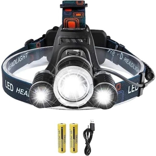 Oppladbar LED-hodelykt, 5000 lm, supersterk T6 LED-frontlykt, vanntett med 2 batterier,,A