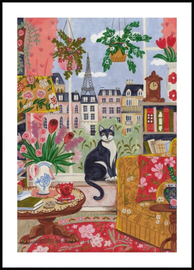 Cat in front of window in Paris bright colours Plakat / 50x70