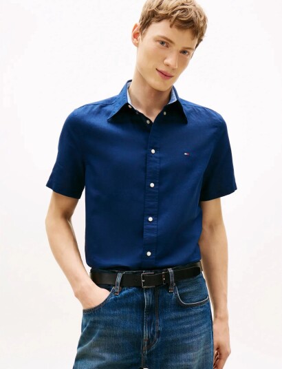 Tommy Hilfiger Linen Blend Solid Ss Rf Sht   Navy   S