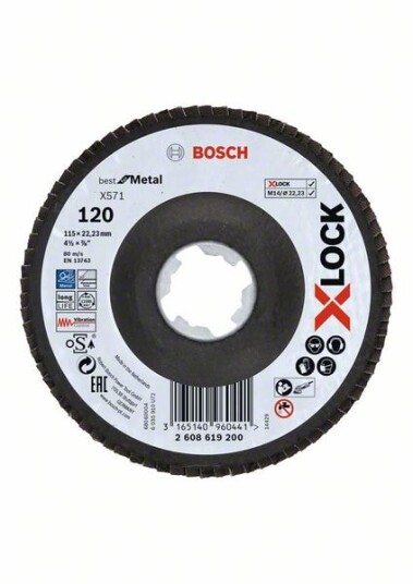 Bosch X-LOCK-lamellslipeskiver, vinklet modell, fiberplate, Ø115 mm, G 120, X571, Best for Metal, 1 stk.