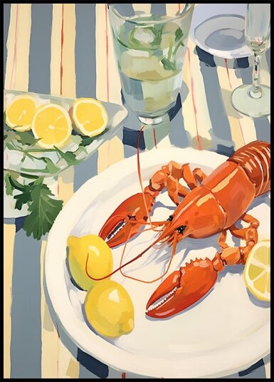 Lobster Lunch Lemon and Linen Coastal Table Scene Plakat Plakat / 50x70cm