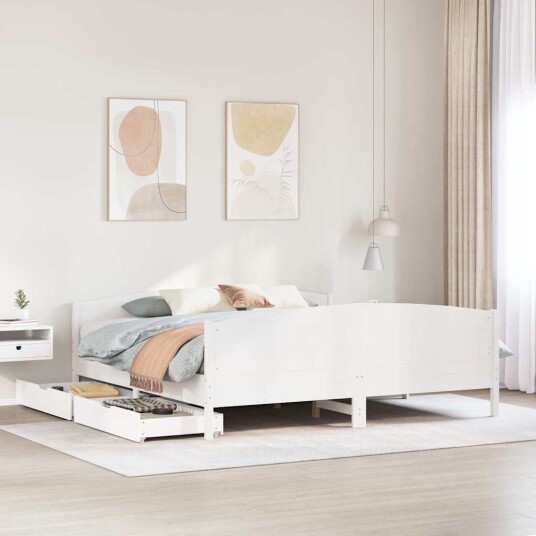  Sengeramme med madrass hvit 200x200 cm heltre furu 8721102941665