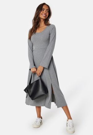 Happy Holly Soft Rib Slit Midi Dress Grey melange 40/42 Happy Holly Soft Rib Slit Midi Dress Grey melange 40/42