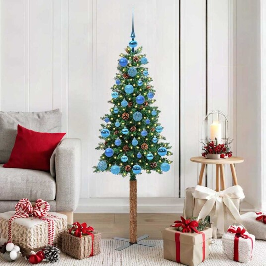 Slim juletre med 150 LED grønn 150 cm PVC og Massivt Furu tre Slim juletre med 150 LED grønn 150 cm PVC og Massivt Furu tre