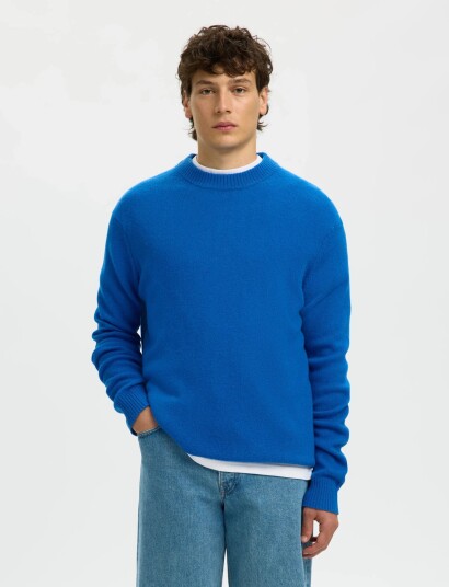 Selected Slhreuben Ls Knit Relaxed Crew Neck   Blue   XL