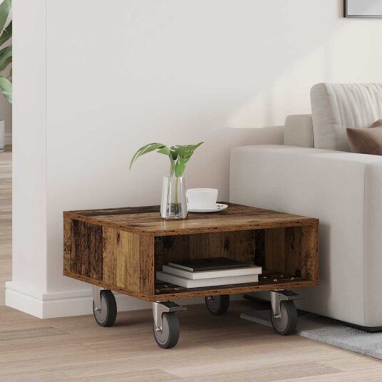 vidaXL Sidebord med hjul Gammelt tre 50,5 x 50 x 30 cm Konstruert tre